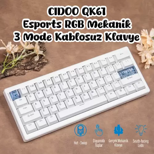 CIDOO QK61 Esports RGB Mekanik 3 Mode Kablosuz Klavye (BEYAZ)