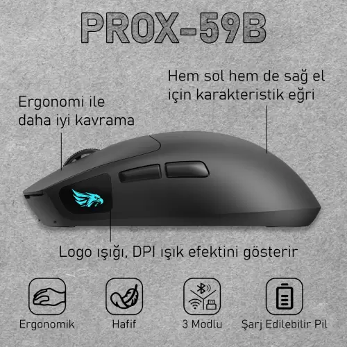 Gameagle PROX-59B Serisi Hafif Kablosuz 3 Mode Oyuncu Gaming Optik Mouse (Siyah)