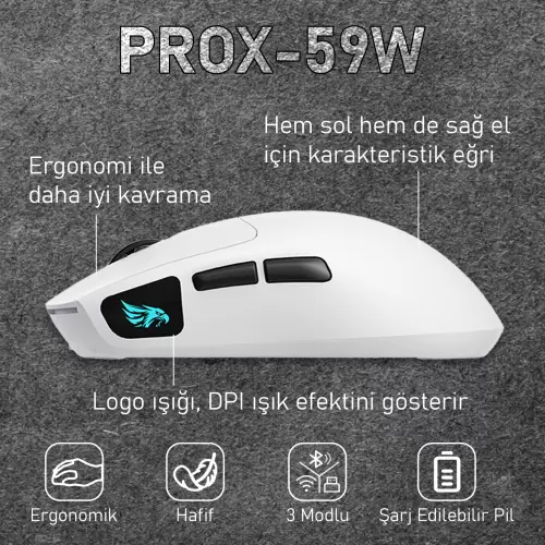 Gameagle PROX-59W Serisi Hafif Kablosuz 3 Mode Oyuncu Gaming Optik Mouse (Beyaz)