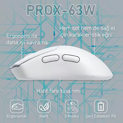 Gameagle PROX-63W Serisi Hafif Kablosuz 3 Mode Oyuncu Gaming Optik Mouse (Beyaz)