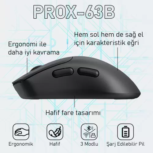 Gameagle PROX-63B Serisi Hafif Kablosuz 3 Mode Oyuncu Gaming Optik Mouse (Siyah)