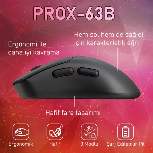 Gameagle PROX-63B Serisi Hafif Kablosuz 3 Mode Oyuncu Gaming Optik Mouse (Siyah)