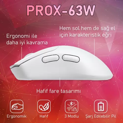 Gameagle PROX-63W Serisi Hafif Kablosuz 3 Mode Oyuncu Gaming Optik Mouse (Beyaz)