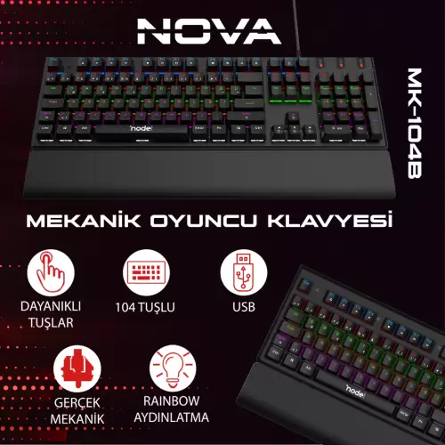 Node Game Nova ND-MK-104BR Rainbow Aydınlatmalı Oyuncu Gamer Gerçek Mekanik Işıklı Klavye Türkçe Q (Red Switch)