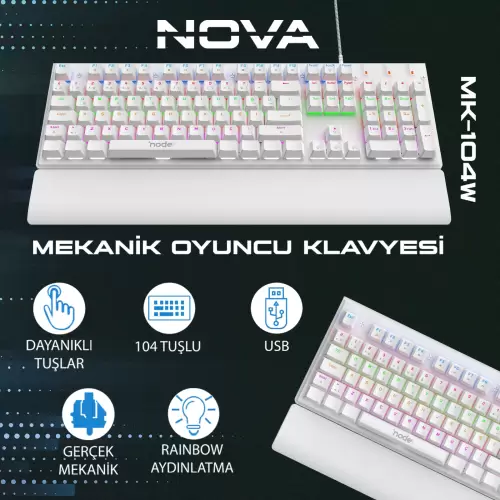 Node Game Nova ND-MK-104BR Mekanik Rainbow Işıklı Klavye Beyaz (Red Switch)