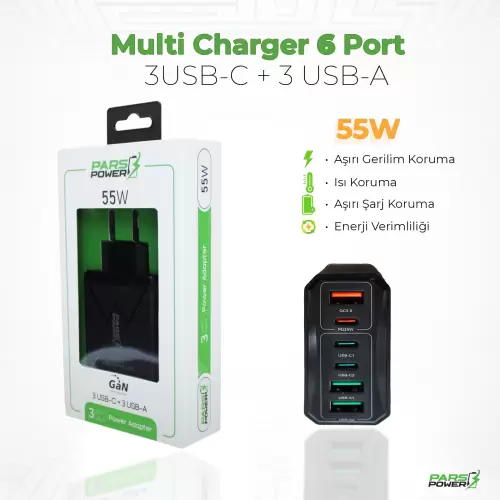 Pars Power PRS-300 55W Çoklu Hızlı Pd - Gan Adaptör Şarj Aleti-Cihazı