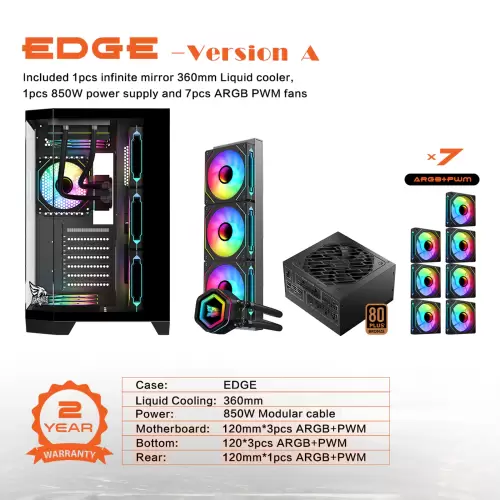 Gameagle Edge 7 Argb Fanlı Gamer Pc Kasası 850W 80+ Plus Bronz Modüler Powerlı Sıvı Soğutmalı (Siyah)