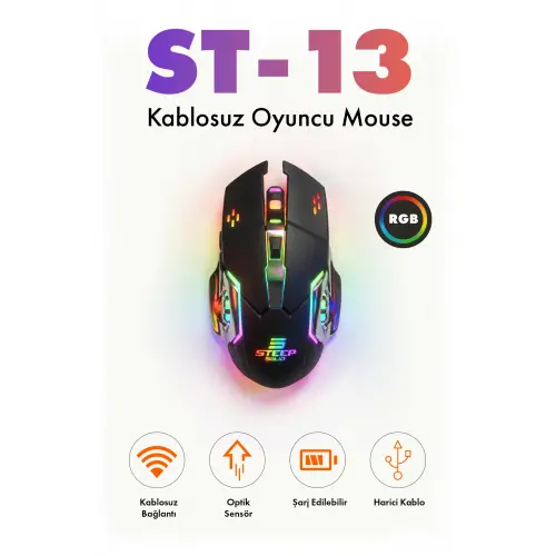 Steep Solid ST-13S Kablosuz - Wireless Şarjlı RGB Gaming Oyuncu Mouse