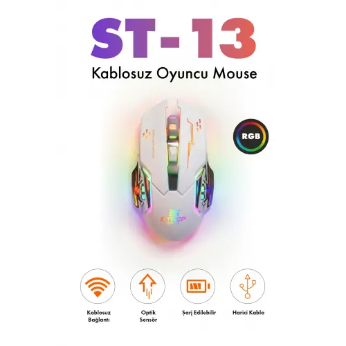 Steep Solid ST-13B Kablosuz - Wireless Şarjlı RGB Gaming Oyuncu Mouse