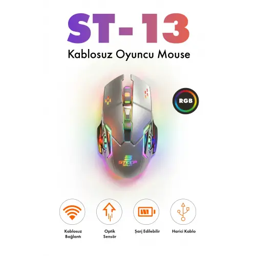 Steep Solid ST-13G Kablosuz - Wireless Şarjlı RGB Gaming Oyuncu Mouse