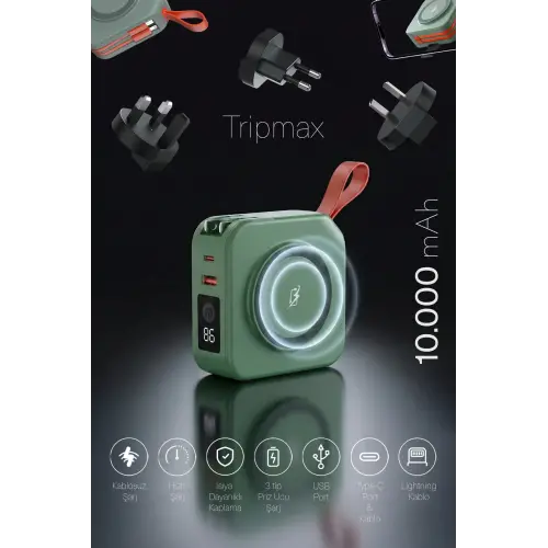 ParsPower Tripmax Gan Adaptörlü 10.000mAh MagSafe+Duvar Şarjlı+3 Tip Priz Başlıklı Kablosuz Powerbank Yeşil