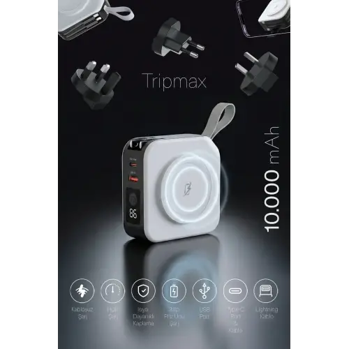 ParsPower Tripmax Gan Adaptörlü 10.000mAh MagSafe+Duvar Şarjlı+3 Tip Priz Başlıklı Kablosuz Powerbank Beyaz