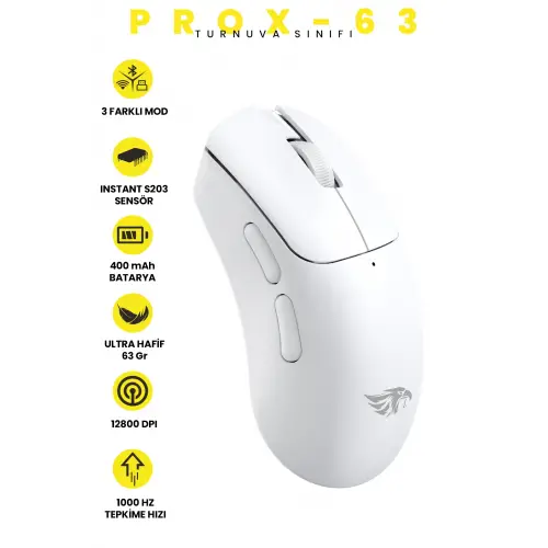Gameagle Prox-63 Kablosuz + Bluetooth + 2.4G + Kablolu Ultra Hafif 63gr 12800DPI Oyuncu Mouse Beyaz
