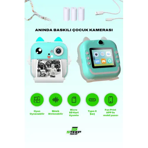 Steep Solid Q5 Anlık Termal Yazıcılı Dijital Çocuk Kamerası 2.4 İnç HD Şipşak Fotoğraf Makinesi (Mavi)