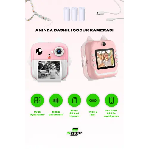 Steep Solid Q5 Anlık Termal Yazıcılı Dijital Çocuk Kamerası 2.4 İnç HD Şipşak Fotoğraf Makinesi (Pembe)