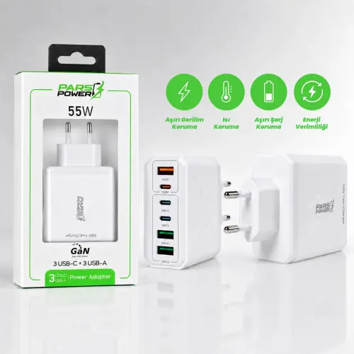 Pars Power PRS-301 55W Çoklu Hızlı Pd - Gan Adaptör Şarj Aleti-Cihazı