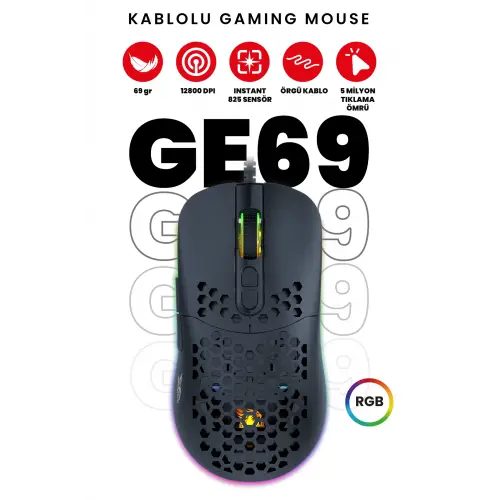 Gameagle GE69B RGB Makrolu 12800DPI Kablolu Oyuncu Mouse Siyah
