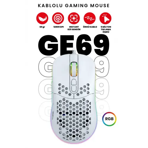 Gameagle GE69W RGB Makrolu 12800DPI Kablolu Oyuncu Mouse Beyaz