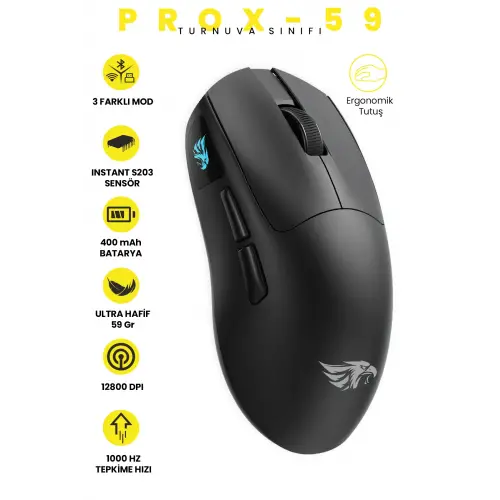 Gameagle PROX-59B Serisi Hafif Kablosuz 3 Mode Oyuncu Gaming Optik Mouse (Siyah)