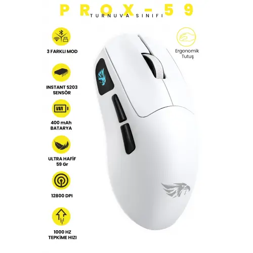 Gameagle PROX-59W Ultra Hafif Kablosuz 3 Mode Oyuncu Gaming Optik Mouse (Beyaz)