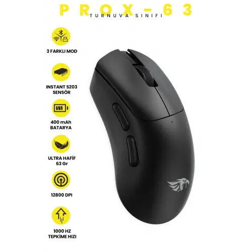Gameagle PROX-63B Serisi Hafif Kablosuz 3 Mode Oyuncu Gaming Optik Mouse (Siyah)