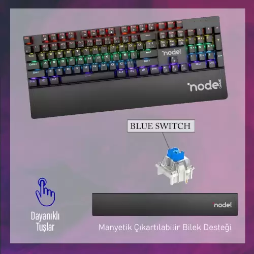 Node Game ND-MK100 Rainbow Aydınlatmalı Oyuncu Gamer Gerçek Mekanik Işıklı Klavye Türkçe Q (Blue Switch)