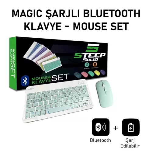 Steep Solid Magic Şarjlı Bluetooth Klavye - Mouse Set (Açık Yeşil TR) STEEPKM1T