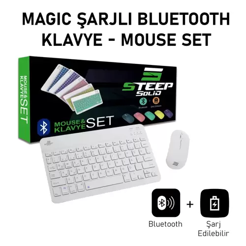 Steep Solid Magic Şarjlı Bluetooth Klavye - Mouse Set (Beyaz TR) STEEPKM1W