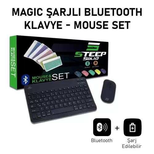 Steep Solid Magic Şarjlı Bluetooth Klavye - Mouse Set (Siyah TR) STEEPKM1B