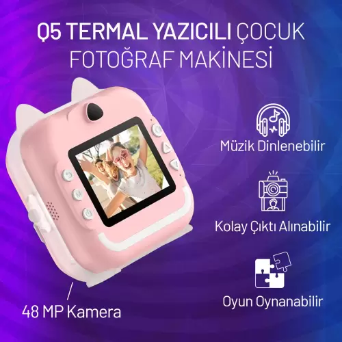 Steep Solid Q5 Anlık Termal Yazıcılı Dijital Çocuk Kamerası 2.4 İnç HD Şipşak Fotoğraf Makinesi (Pembe)