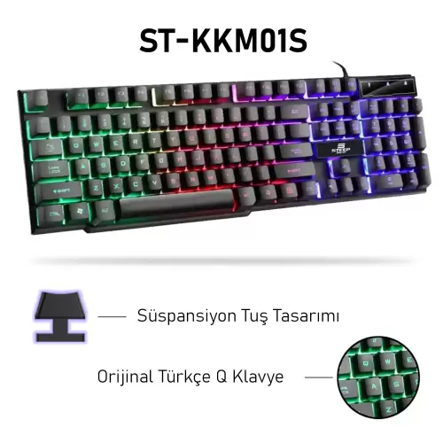 Steep Solid ST-KKM01S Mekanik Hisli Kablolu Rainbow Işıklı Oyuncu Klavye - Mouse Set