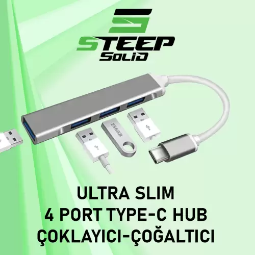 Steep Solid Ultra Slim 4 Port Type-C 3.1 to USB 3.0 Hub Çoklayıcı - Çoğaltıcı (Metal)