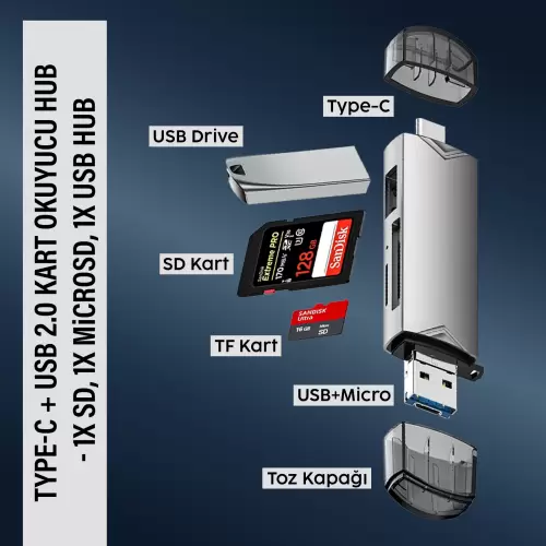 Type-C + Usb 2.0 Kart Okuyucu Hub - 1x SD, 1x MicroSD, 1x USB Hub D-398