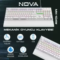 Node Game Nova ND-MK-104BR Oyuncu Gamer Gerçek Mekanik Rainbow Işıklı Klavye Türkçe Q Beyaz(Red Switch)