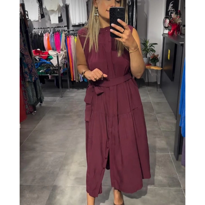 Koyu Füşya R.Tensel Kumaş Önü Düğmeli Kemerli Sfir Kollu Elbise