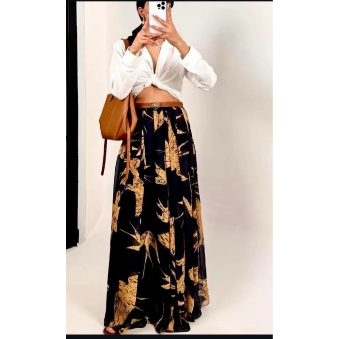 Siyah R.Kendinden Desenli Bel Lastikli Şifon Etek