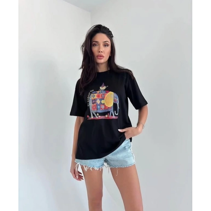 Siyah R. Önü Desenli Arka Dantel Geçişli Bayan Tşhirt