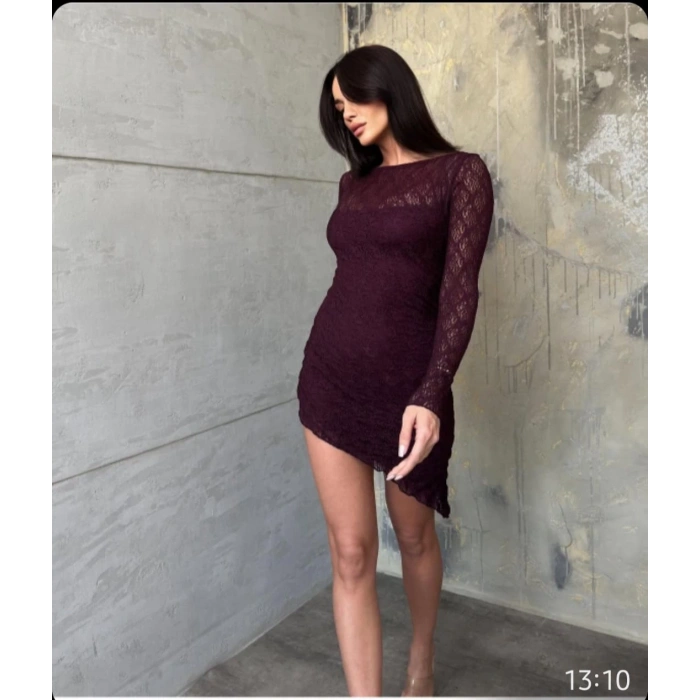 Bordo R. Dantel Kumaş Unun Kol Bayan Elbise