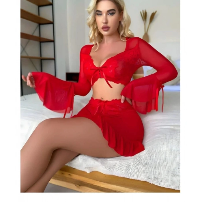 Kırmızı R. Transparan Yarasa Kol Erotik Gecelik Takım