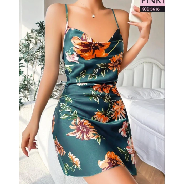 Yeşil R. Saten İnce Askılı Saten Gecelik