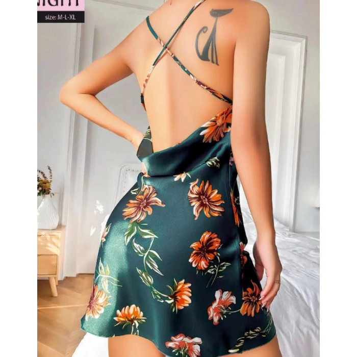 Yeşil R. Saten İnce Askılı Saten Gecelik