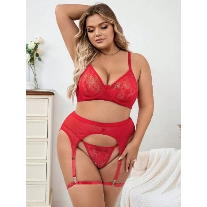 Kırmizi R. Büyük Beden İkili Bayan Takim