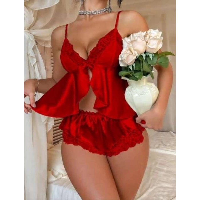 Kırmızı R. Dantelli Saten Şort Takım