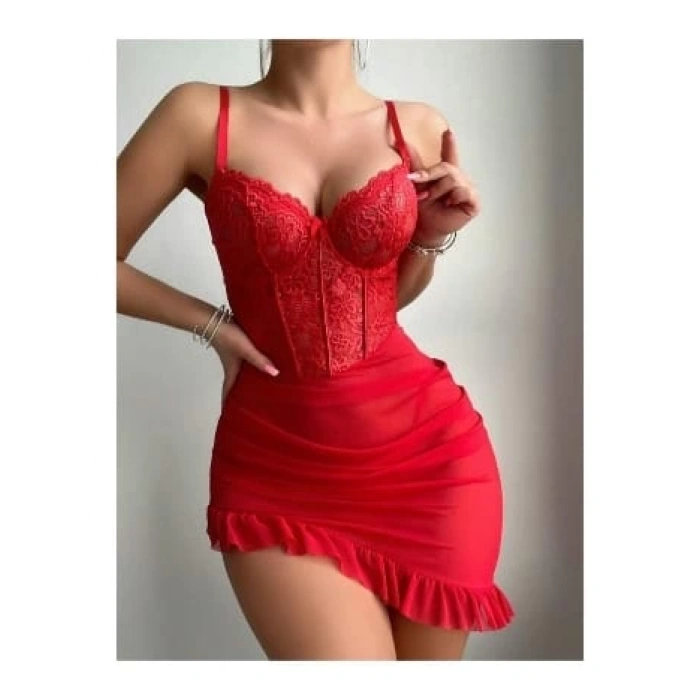 Kirmizi R.Dantel Büstiyerli Transparan Seksi Fantazi Gecelik Takımı