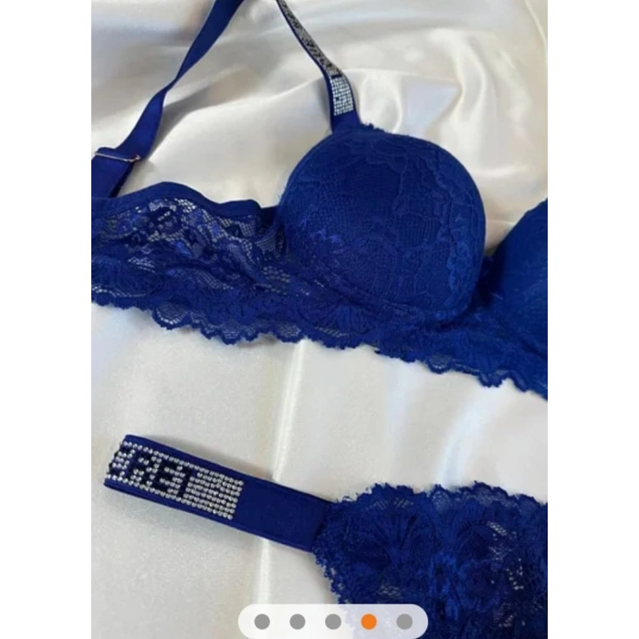 Mavi R. Dantelli Destekli Kenar Taş İşlemeli İkili Sütyen Takım