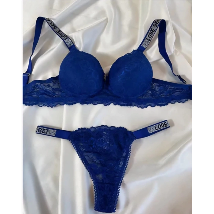 Mavi R. Dantelli Destekli Kenar Taş İşlemeli İkili Sütyen Takım