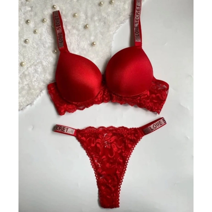 Kırmızı R. Dantelli Destekli Kenarı Taş İşlemeli İkili Sütyen Takımı