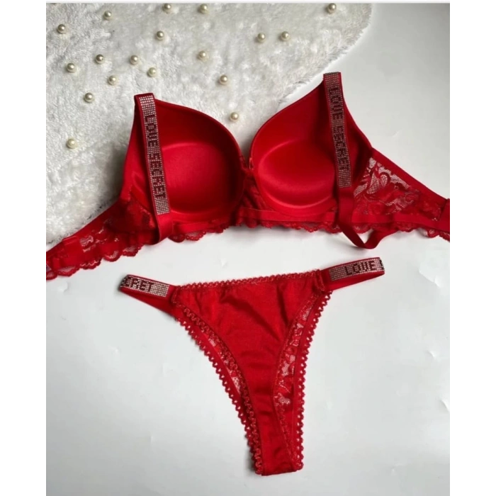 Kırmızı R. Dantelli Destekli Kenarı Taş İşlemeli İkili Sütyen Takımı