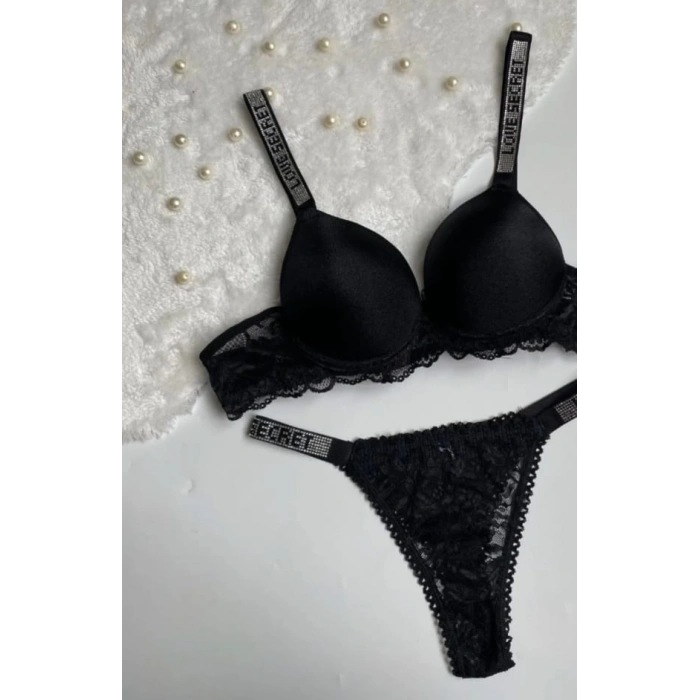 Siyah R.Dantelli Destekli Kenar Taşlı İkili Sütyen Takımı
