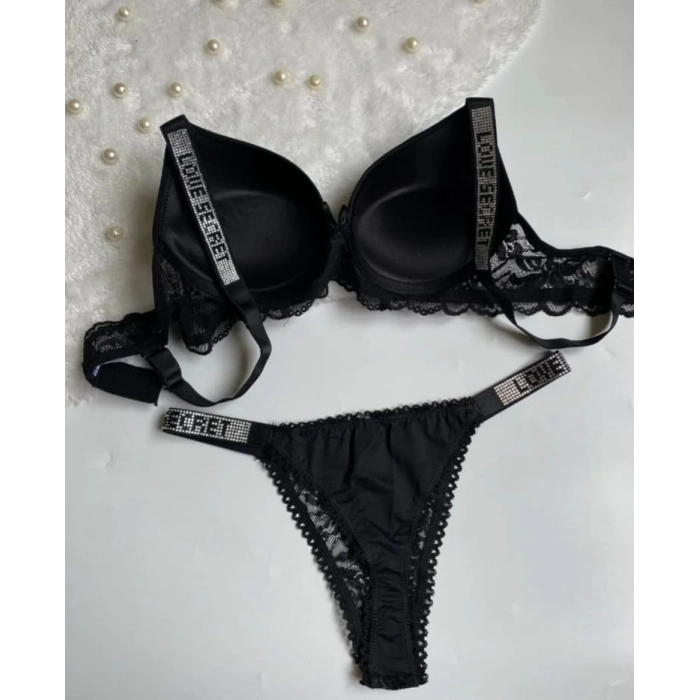 Siyah R.Dantelli Destekli Kenar Taşlı İkili Sütyen Takımı